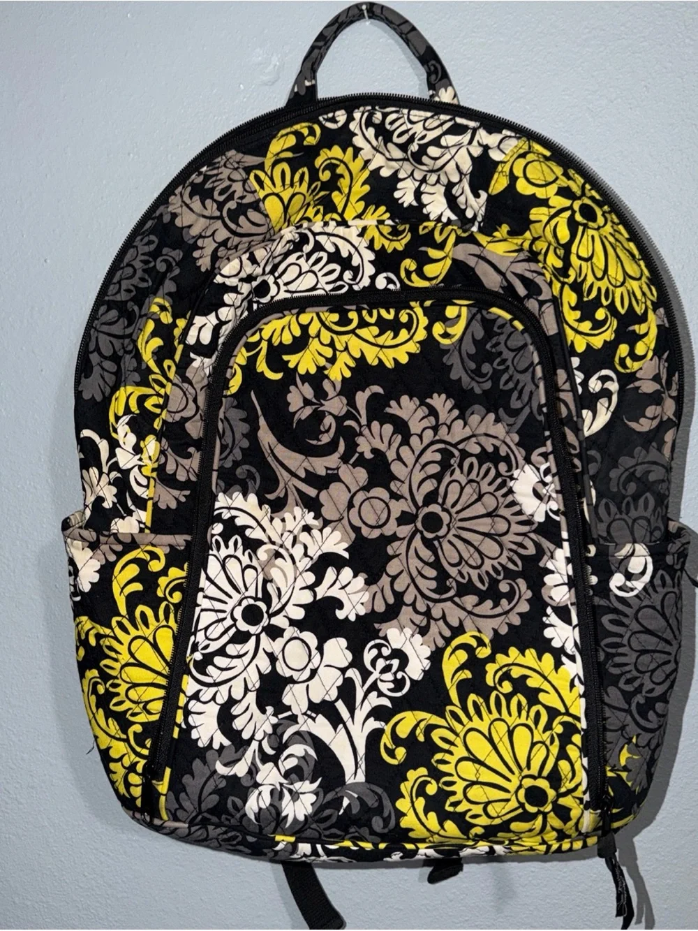 Vera Bradley Backpack Baroque Floral Black Gray Yellow Quilted Travel School Bag